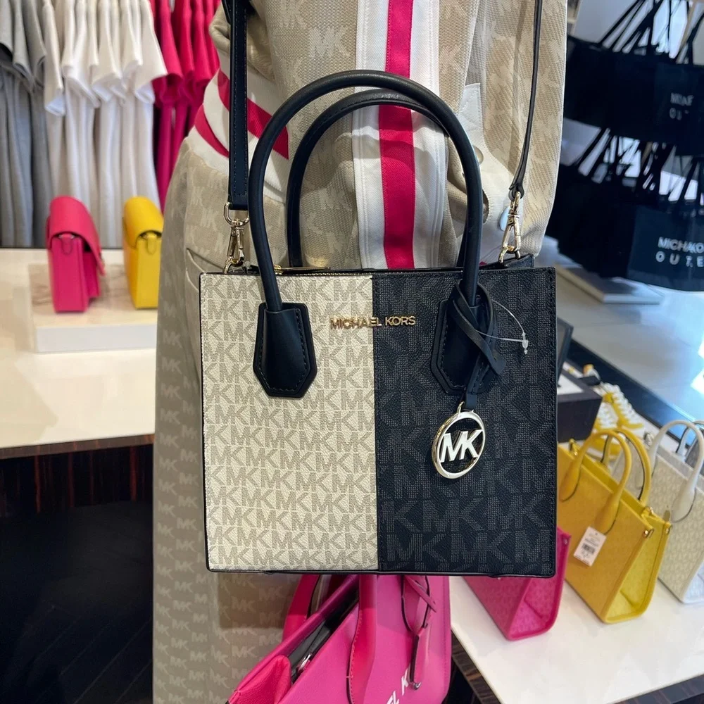 Michael Kors Mercer Md Two-Tone Logo Crossbody Messenger Black Multi Purse NWT